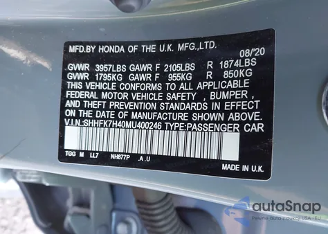 2021 Honda Civic Sport из США, поврежденный, VIN SHHFK7H40MU400246